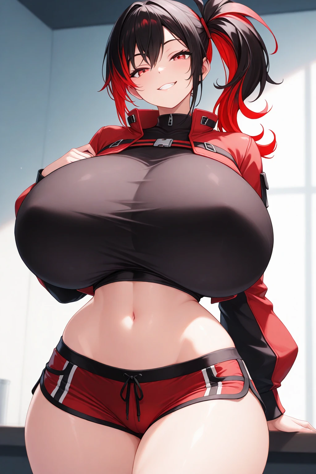red hair, short hair, smirk, evil eyes