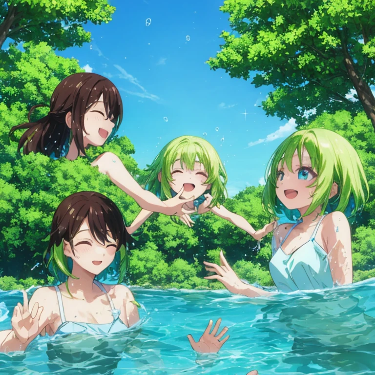 photo realistic, ((((Tina Branford)))), 1little girl, 14yo, 4K, 8K, ((no clothes)), (((no panties))), (((no bra))), (Dark green hair), (red eyes), (Forehead), Sense of depth, hot spring, grin, Open legs, Healing, Absurd resolution, hight resolution, Looking at the camera