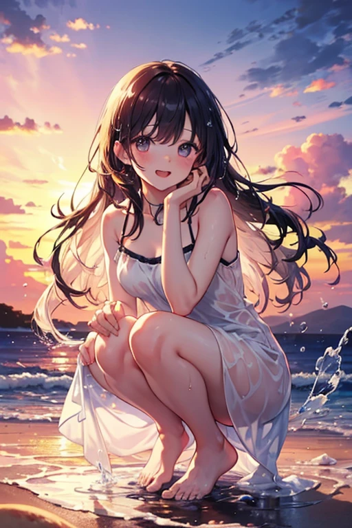 Girl with tan skin and very long wavy dark hair thats wavy sitting down under the stars smiling with a magical night dress