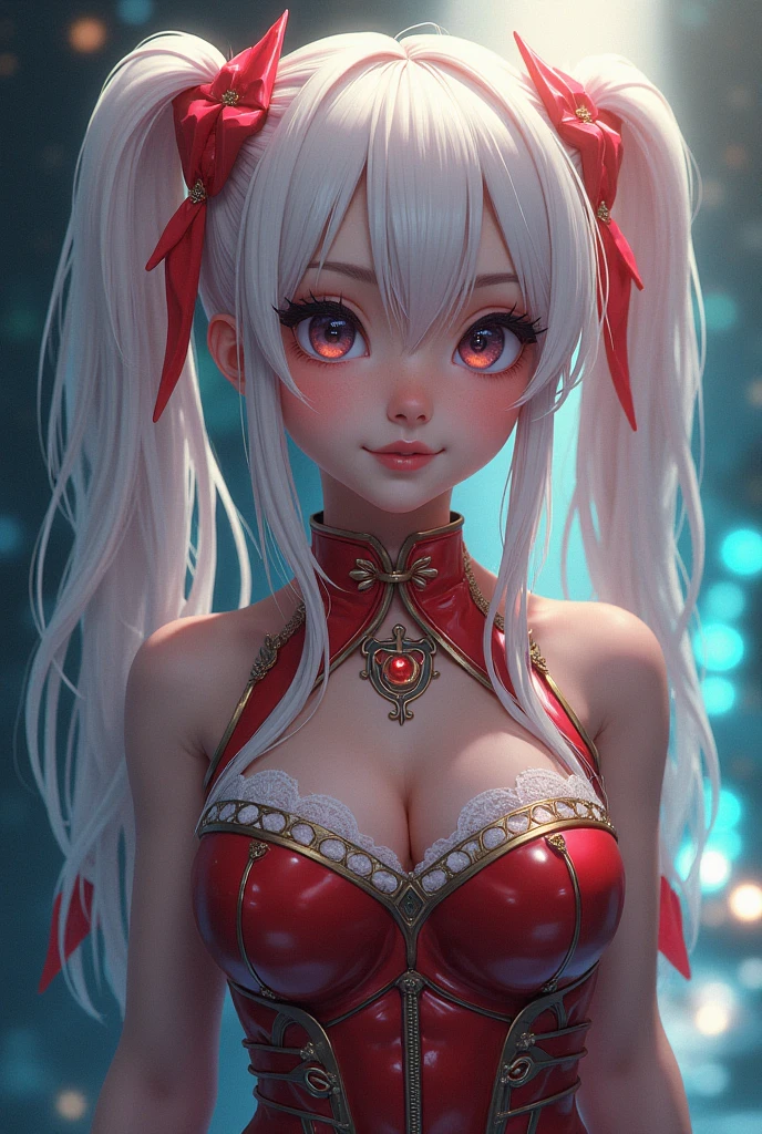 18 year old female,Milky white long hair,red eyes,beautiful eyes,very huge breasts,((3D anime style)),