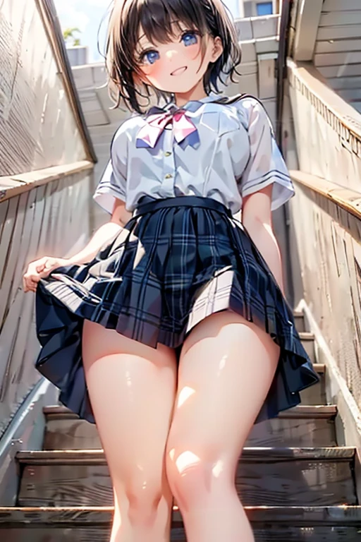 ((masutepiece, Best Quality, hight resolution, nffsw, Perfect Pixel,  4K, nffsw, nffsw))), 1girl in, Single, Solo, Beautie、full body seen、 ((Short Wave Hair, Bangs, Brown hair)), ((Brown-eyed, Beautiful eyelashes, Realistic eyes)), ((Detailed face, Blushing:1.2)), ((Smooth texture:0.75, Realistic texture:0.65, Photorealistic:1.1, Anime CG style)), medium breasts, Dynamic Angle, Perfect body,  ((red bowtie, School uniform, , White shirt, Black skirt, plaid skirts)), City staircase、Looking up from the bottom of the stairs、Very embarrassing panic smile、Open your mouth and make a surprised face、 turned around、bending forward、(The wind flipped my skirt and exposed my butt...............................、stick out your butt、Touching the buttocks with both hands、Pink lace panties)、
