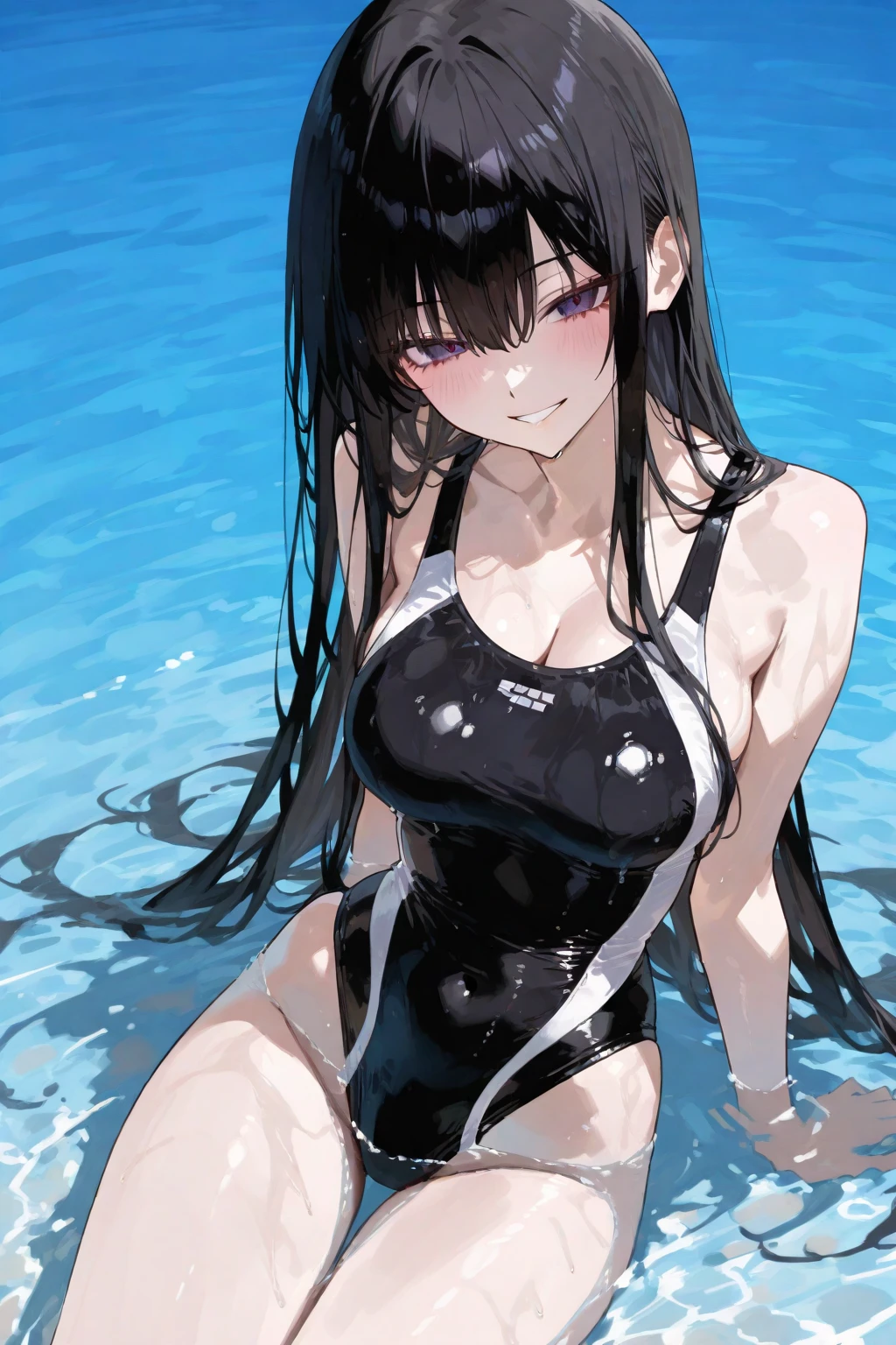 White hair band、Red eyes、Black Hair、Yor Briar、Beautiful woman swimming underwater、Light shining into the water、In the water、In the sea、Emerge from the water、smile