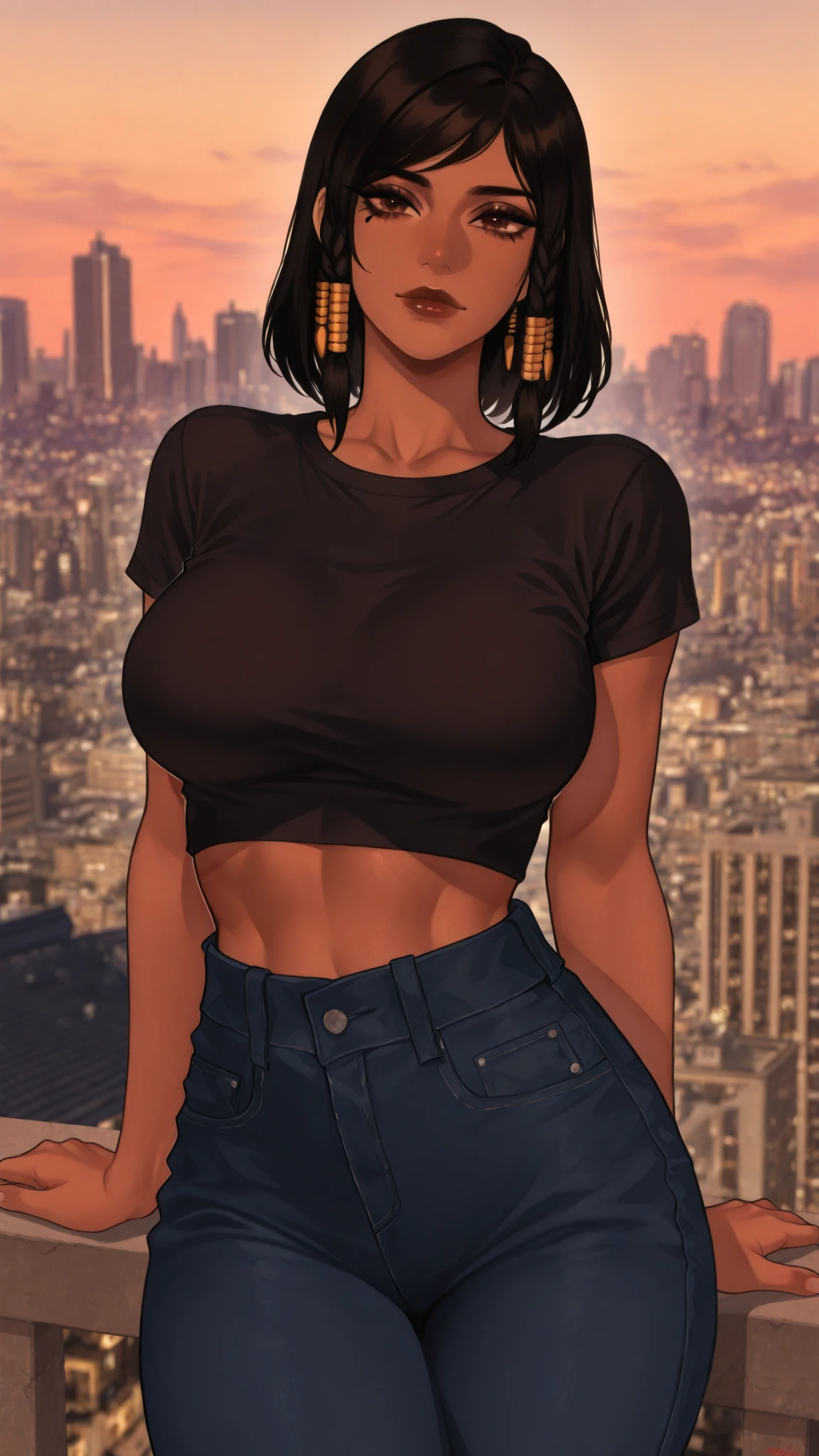 skirt, cloth bulge, 1girl, futanari, dark_skin, black_hair, t-shirt, large_breasts, erection_under_clothes,, beautiful, (masterpiece:1.2), (best quality:1.2), perfect eyes, perfect face,
