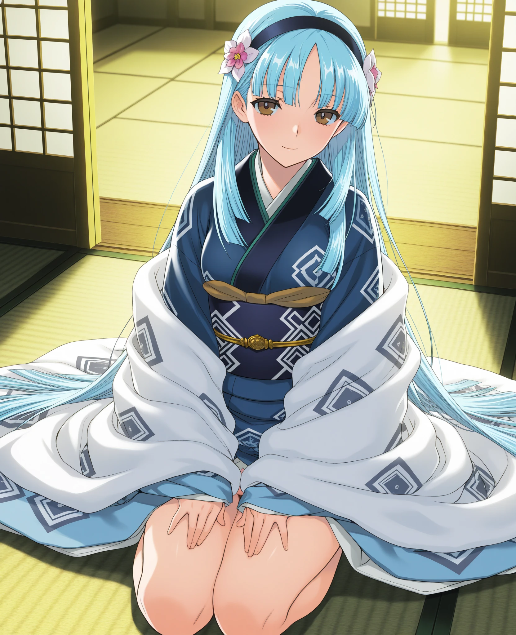 8K Historical drama style A beautiful 15-year-old girl with short blue hair Gorgeous embroidery, Ultra glossy, She is wearing the shiny enamel kimono of a Heian-era princess. She is laid down on a luxurious red floral patterned futon and writhes in agony as a huge penis is inserted into her mouth and pussy.