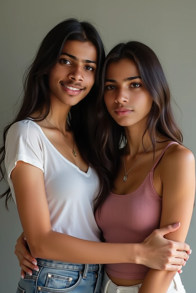 22-year-old dark Sri Lankan woman named Kasuni and, her pure white Canadian mother blonde named Celestia, looking at the camera, ((make sure Celestia is a blonde, white Canadian 48-year-old woman, aged)), ((Kasuni is 22-year-old, solid black long ponytail hair, dark skin)), ultra-realistic selfie photo, feminine features, (both have same facial components), formal office suits, jewelry.