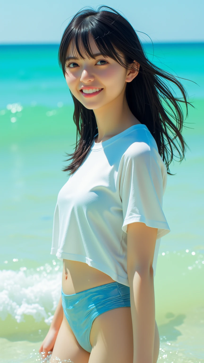 Bright girl、age19、white t-shirts、Resorts、kawaii、hotpants、Mare