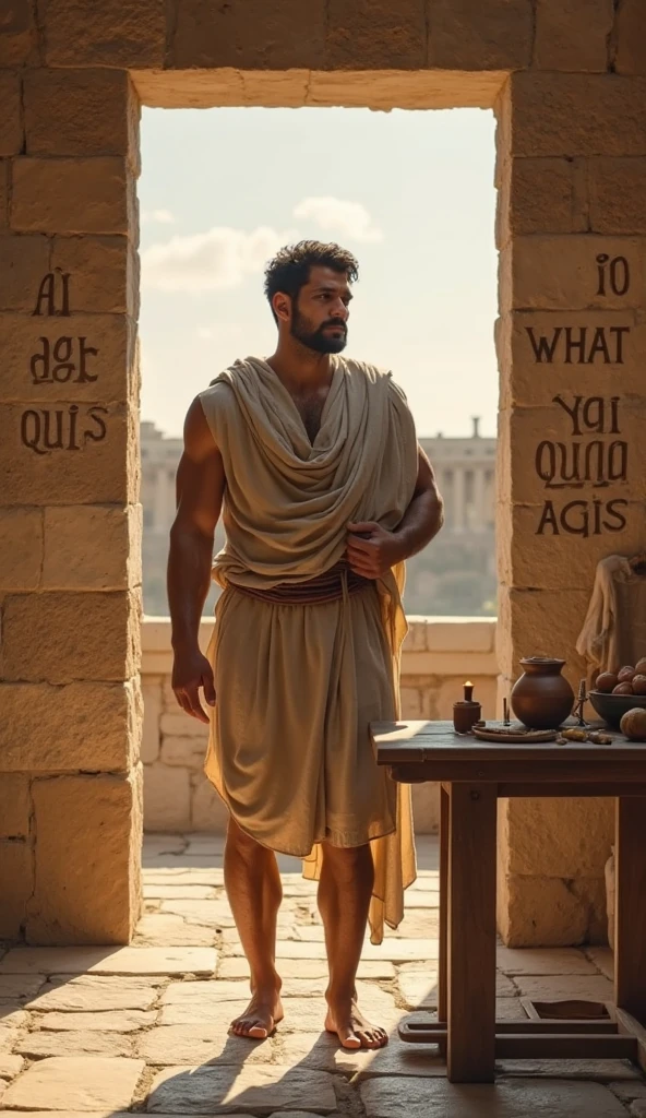 In a serene Roman garden or open space, the male stoic philosopher is shown standing before a restored or newly reinforced wall. He is dressed in a classic tunic with subtle shoulder openings, and his expression reflects a sense of accomplishment and resilience. The background features lush greenery and well-maintained Roman architecture, symbolizing growth and renewal. The lighting is soft and uplifting, highlighting the repaired wall and the philosopher’s renewed sense of strength. This image captures the philosopher’s success in addressing the betrayal and moving forward with a sense of hope and renewal, emphasizing the importance of resilience and rebuilding.
