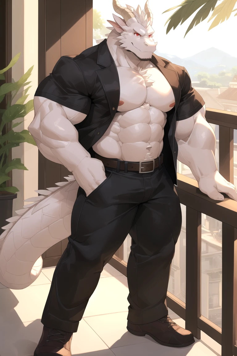 masterpiece, Anthropomorphic black dragon, White belly,There is a pair of beautiful dragon horns.., Black Dragon Scales,1 tail, very muscular body, Nice, Shorts only, office worker　8 toned abs　Great arm muscles　good looking　whole　Face down on the bed　　Pull down your pants　Between the legs　　　Long trousers