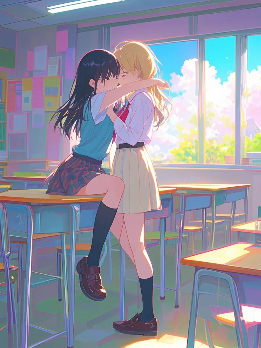 two female school girls kissing each other on the street, in front of a white car, multiple girls, ground vehicle, kiss, 2girls, bag, skirt, black hair, school uniform, motor vehicle, blonde hair, yuri