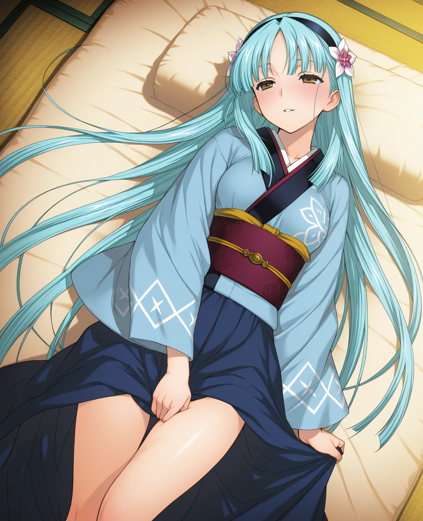 Anime background art, bottom of room, one bed, lying on a bed, beautiful anime scenes, 4K anime art wallpaper, 4k anime art wallpaper, Rosla global illumination, anime girl, best quality, detailed, 1 girl, alone, same as LORA, same as lora, closed mouth, light smile, turquoise hair, hair accessory, long hair, defined eyes, red eyes, looking at viewer, perfect face, perfect eyes, big tits, kimono costume, full body.