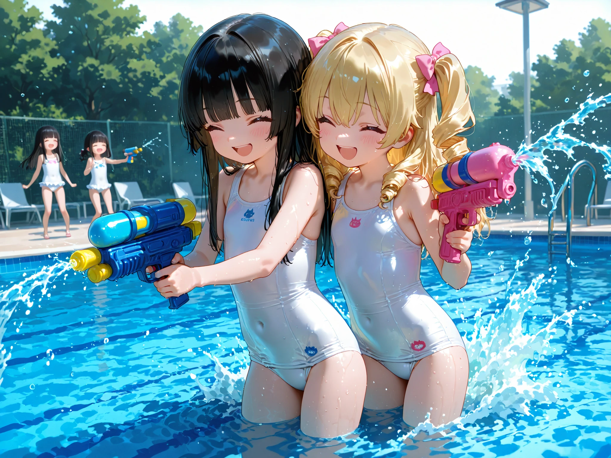 Highest quality、High resolution、Detailed Background、(Beautiful face in every detail:1.4)、Anatomically correct、Detailed facial expressions、(Detailed eyes:1.2)、Teenage beauty、(Huge breasts:1.2)、Highly detailed face、Light color hair、Braided bob cut、ponytail、Perfect body line、well-groomed eyebrows、Water play spot、Water play slide、Water play event、
(Three smiling girls playfully splashing water on each other:1.5)、
White school swimsuit、White Sailor School Swimsuit、My whole body gets wet、Smiling、A big smile、A fun atmosphere、Accentuate your cleavage、cute