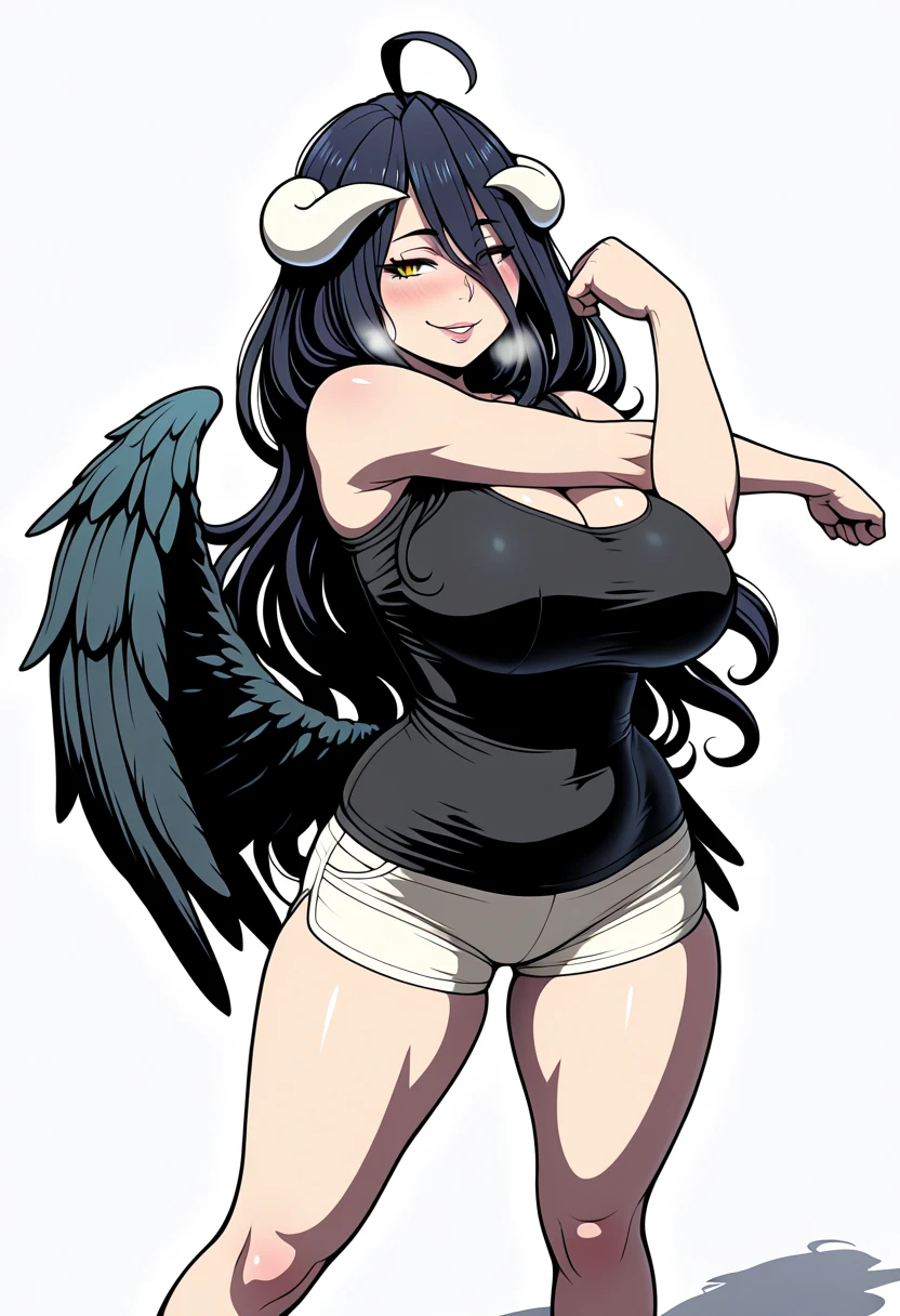 albedo, albedowings, medium breasts, long black hair, yellow eyes, long white hoodie, cleavage, looking at viewer, random pose, thick thighs, small breast, leaning over, black panties, shy facial expression