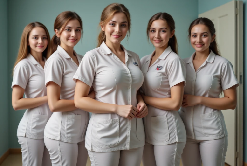 3 hot nurses each wearing a different color of medical gloves