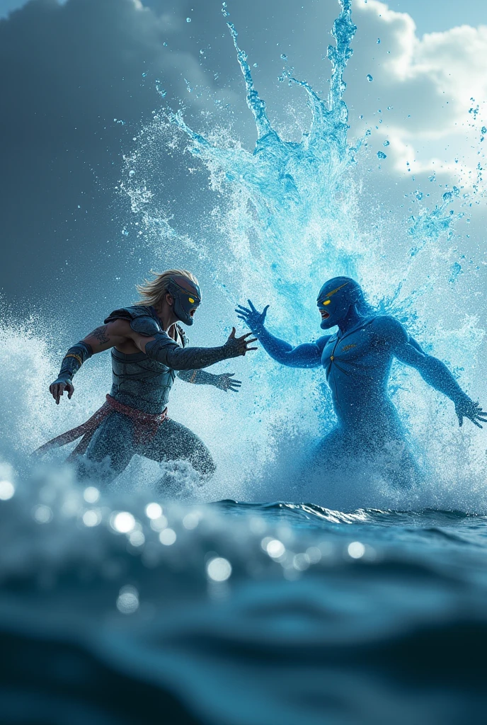 Old magist man, dressing avatar armor suite,jumping into a blue sea,at hight tide waves,near the dolphins