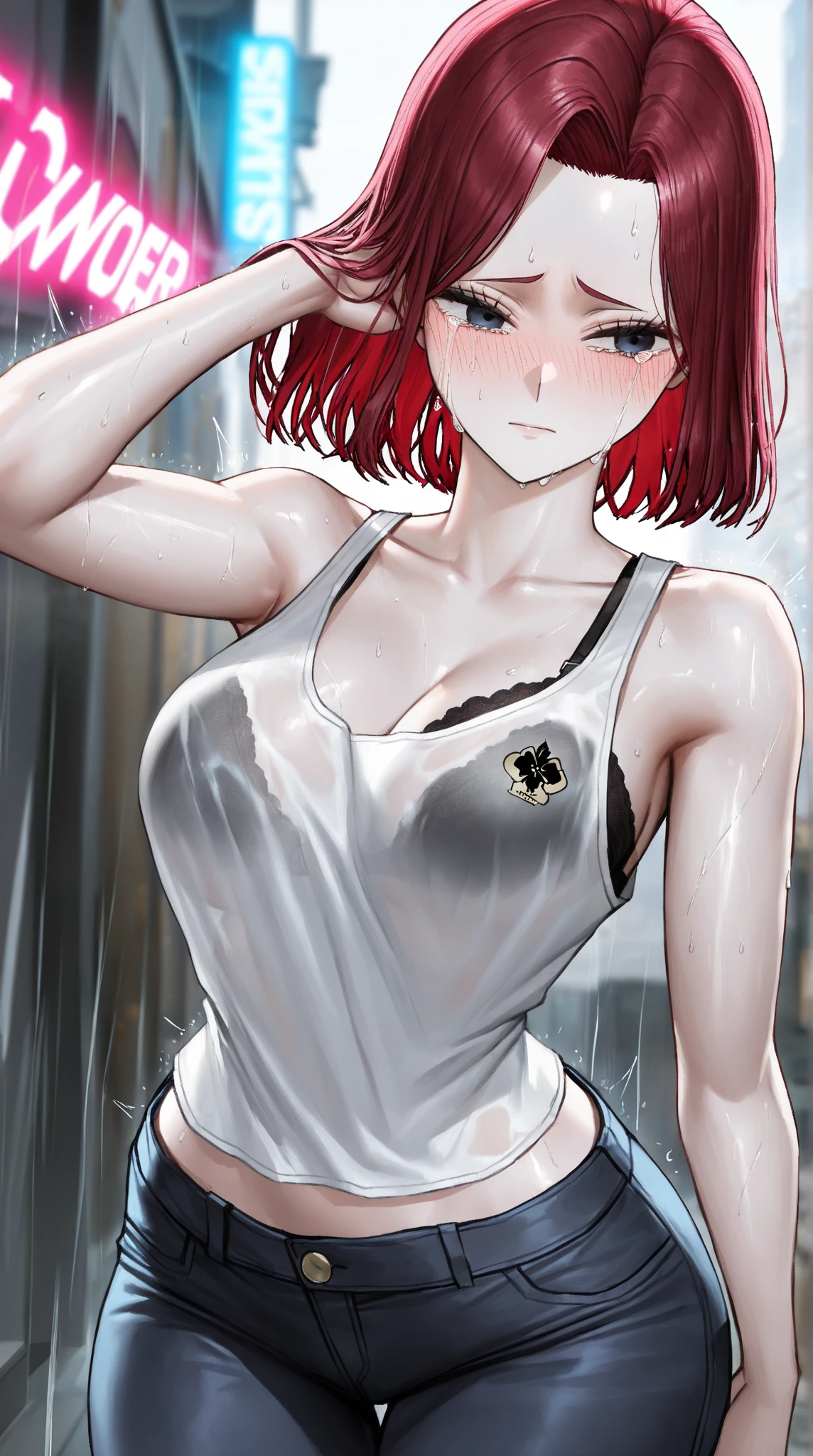score_9, score_8_up, score_7_up, score_6_up, score_5_up, score_4_up, best quality, uncensored, Makima, maroon hair, braided ponytail, ringed eyes, yellow eyes, naughty face, shiny skin, sweating, BREAK (masterpiece:1.2), best quality, high resolution, unity 8k wallpaper, (illustration:0.8), (detailed eyes:1.3), perfect lighting, extremely detailed CG, (perfect hands, perfect anatomy), looking at viewer, weapon, 1girl, gun, breasts, holding_weapon, covered_nipples, large_breasts, gloves, bangs, solo, holding, shiny, fingerless_gloves, holding_gun, covered_collarbone, bodysuit, covered_navel, skin_tight, looking_at_viewer, impossible_clothes, black_bodysuit, handgun, lips, bare_shoulders, jacket, cameltoe, shiny_clothes,