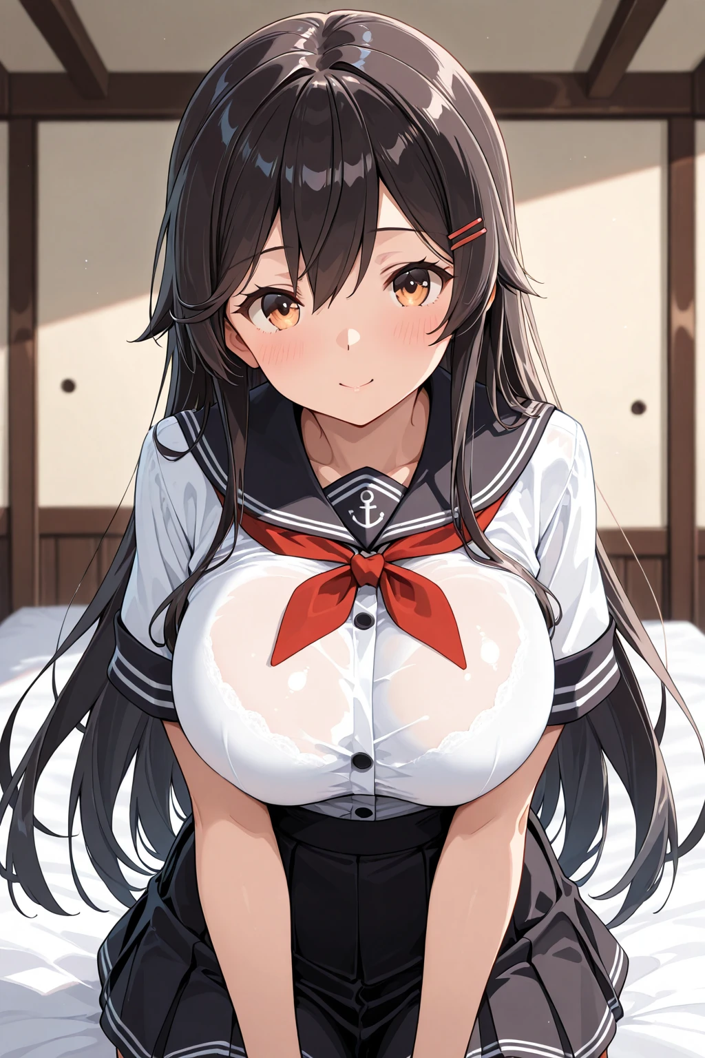 masterpiece、The best、1 female、 Bun bun、black hair、Shoulder leakage、big breasts、chubby、Smile、Nurse Uniform,White suspenders、lace leggingackpack,On campus,pose