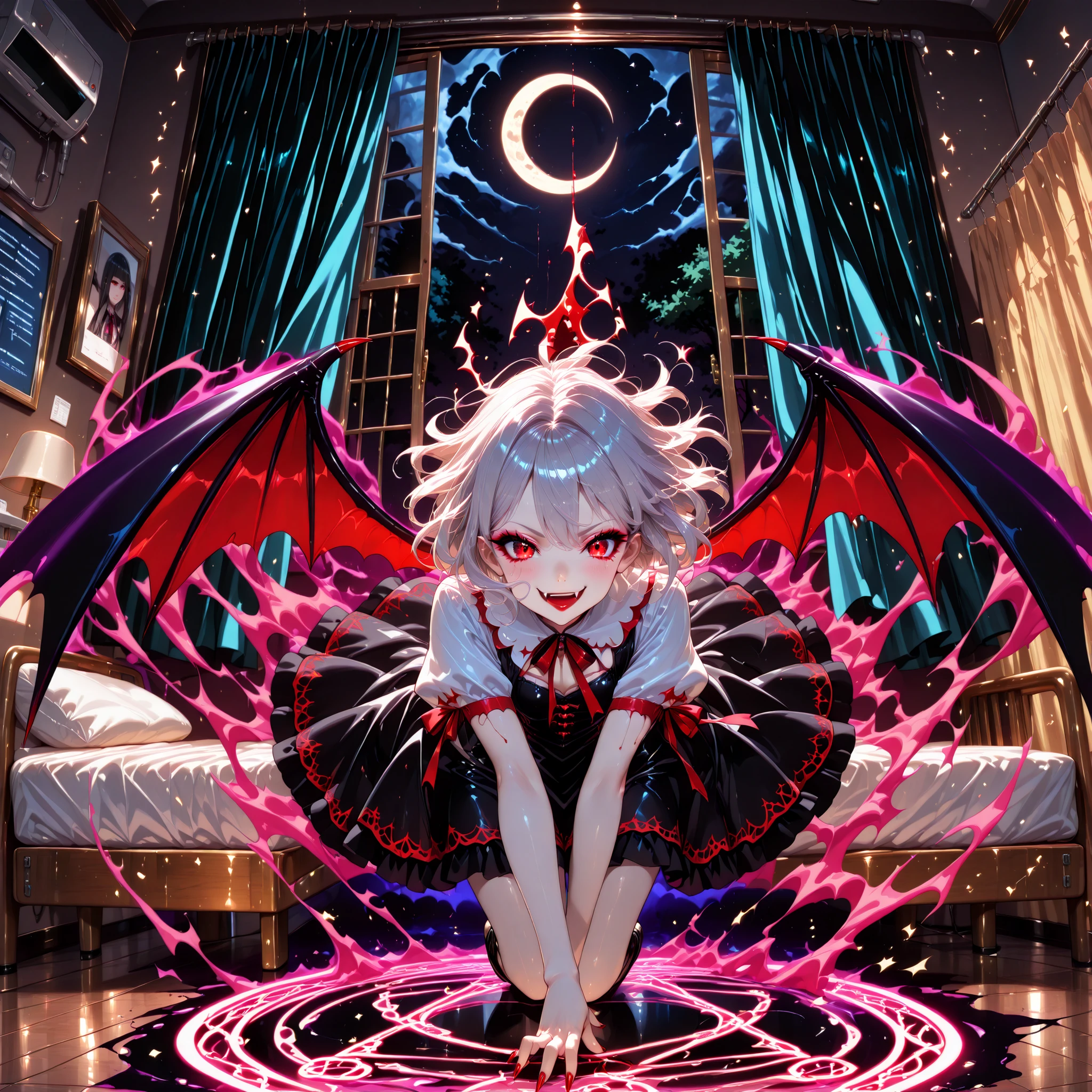 Very High resolution,cute anime-style,masterpiece,best quality,amazing quality,hyper-detailed,very aesthetic,A hospital room late at night,The lights are out,(Darkness:1.3),A private room,An open window,Curtains fluttering in the wind,A crescent moon,A magic circle drawn in blood on the floor,An empty blood transfusion pack discarded on the floor,A female vampire emerges from the magic circle,(Floating in the air:1.4),A dark aura,Silver hair,Short hair,Wavy hair,white skin,Crimson eyes,A smirk(Vampire fangs protruding from between her lips:1.2),Dark red lipstick,Malice,Scorn,Condescension,Sexy black bondage,(Long and pointed nails:1.2),Red nail polish,Bat wings
