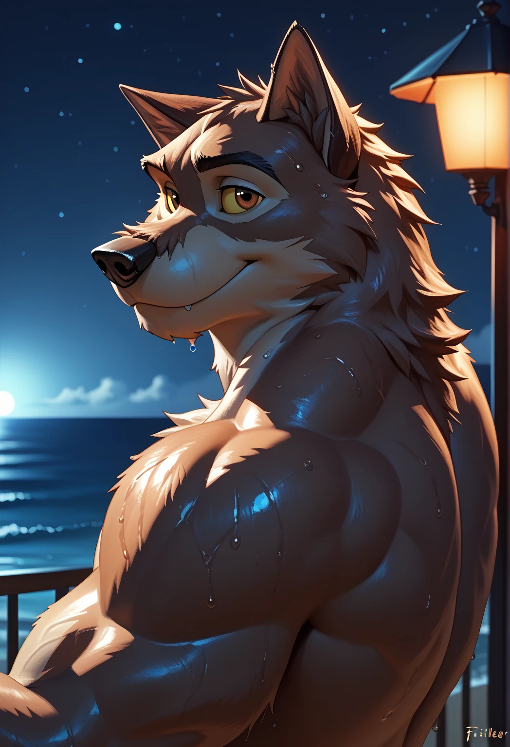 Juno is a gray wolf with curled brown fur and blue eyes. She is wearing her a panties, white anklet socks, and black Mary Jane shoes. anthro wolf, female, adult, brown fur, buffed body, tail, sexy, beefy body, furred body, furry chest hair, realistic, full body, photorealistic, ultra realistic, 8k, night, bare-chested, in back turned posing, sexy butt