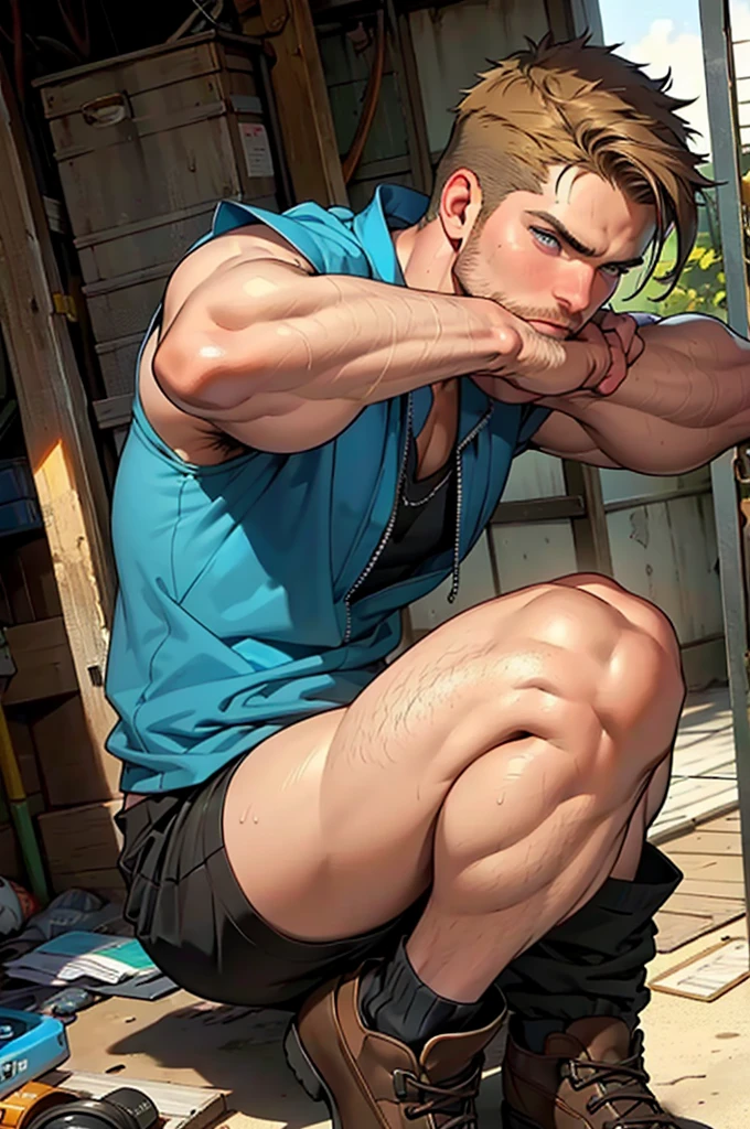 1 boy, bodybuilder, chiseled features, vest exposing bulging muscles, holding a large, innocently-looking bag, bulge visible through tightly-stretched translucent underwear, revealing a translucent thong, white stockings adorning his legs, Kale leaf-patterned shorts, legs spread wide, showcasing a CG-like aesthetic, half-reclining pose, a white, viscous liquid flowing between his legs, giving a subtle hint of his maturity.
