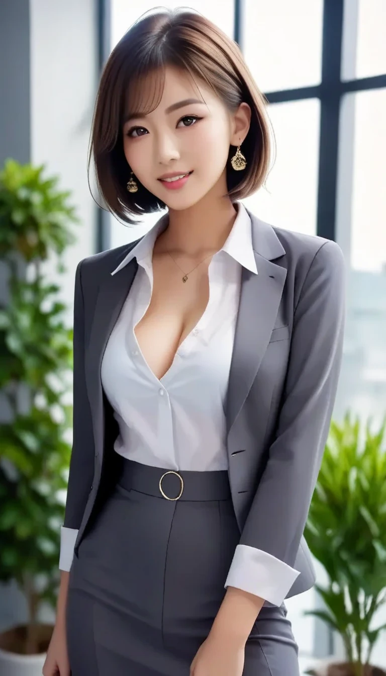  score_9, score_8_    up, score_7_    up, s    uper detailed,     realistic photo of the garden  、 Realistic Skin、Alone、   beautiful Japanese woman ,   thin waist,   Growing skin exposing  ,  gray suit,  or,   office女性スタッフ , Chanel style suit     ,   miniskirt,   office, Mesa, Thin Face,  short hair, presentation where my white blouse is about to break、、 elegant 