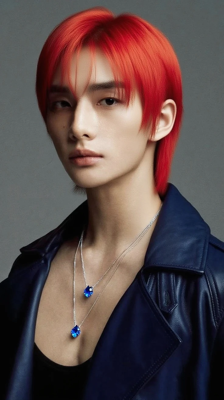 A young man with long red hair and an Asian face. His skin is pale, and his pupils are black. He looks very similar to Taehyung from BTS. He is lying down seductively and alluringly by a river in a forest, shirtless. I want hot and sesxy version of this