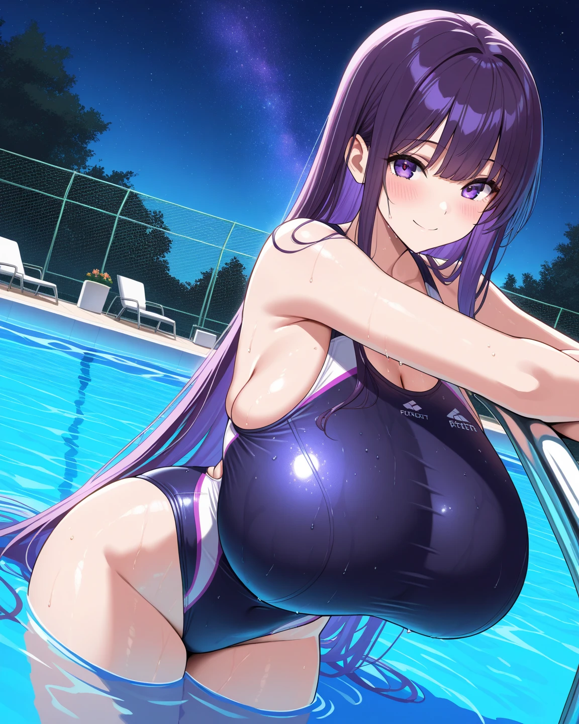 (masterpiece), best quality, expressive eyes, perfect face, gym, huge breasts, huge ass, curvy woman, milf,workout, hot, sweating, sweaty, tan, big , tan skin, blush,  black hair, purple eyes, swimsuit , wearing swimsuit, swimsuit, pool, at the pool, pool, swimsuit, purple swimsuit , sex, sex from behind, sex in pool, sex, having sex, railed from behind 