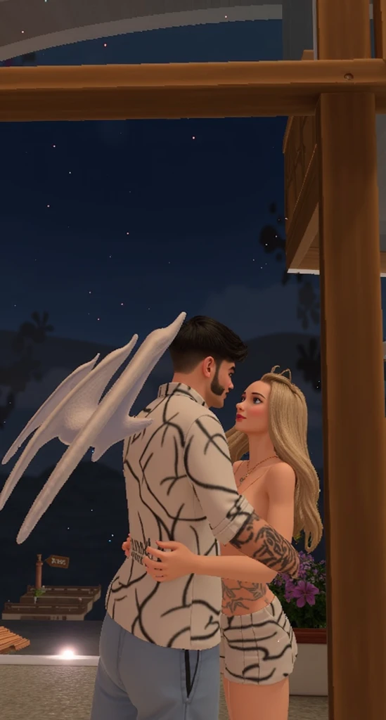 There's a man and a woman embracing in a video game, Second Life avatar, couple pose, Charli Bowater and Artgeem, Tyler Edlin and Natasha Tan, SecondLife, Jordan Grimmer and Natasha Tan, Imvu, Hug, John Picacio and Brom, daz, Ludovit Fulla-inspired, Lacivious, edited, realistic quality image, 8K, defined body --auto --s2