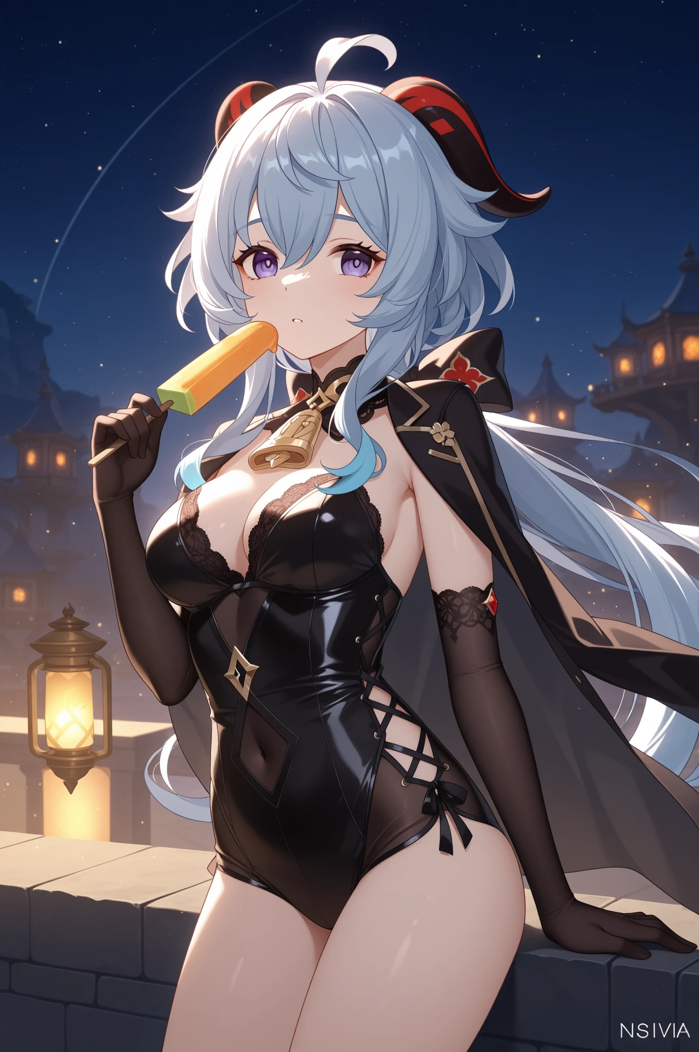 1 girl, game CG, 1 girl, game CG, orange bikini, black witch hat, cloak, hair ribbon, gigantic breasts, light purple hair, long hair, french braid, purple eyes, smile, one arm raised, night , amusement park , halloween background,