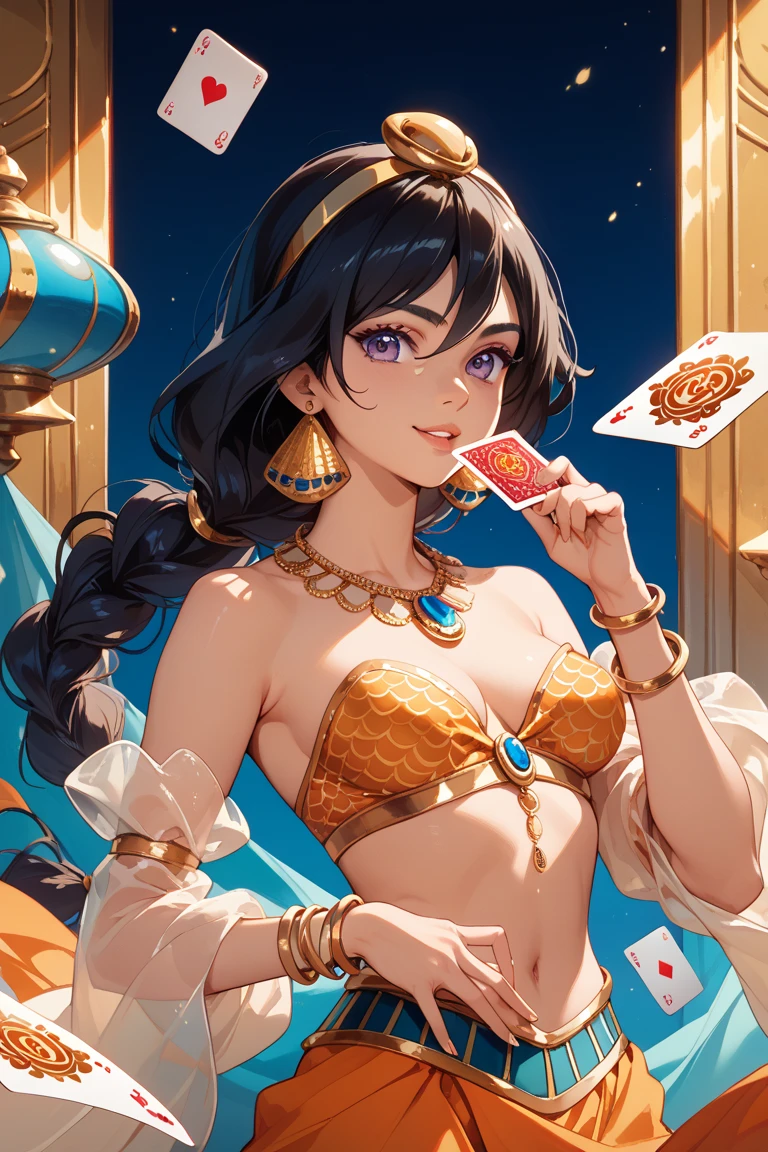 Generate an image of a woman with long dark hair, wearing a traditional Indian sari with a deep neckline. She should have a confident and alluring expression, standing in front of a background that suggests a card game environment. Include elements like playing cards and cash to create a similar theme to the original image