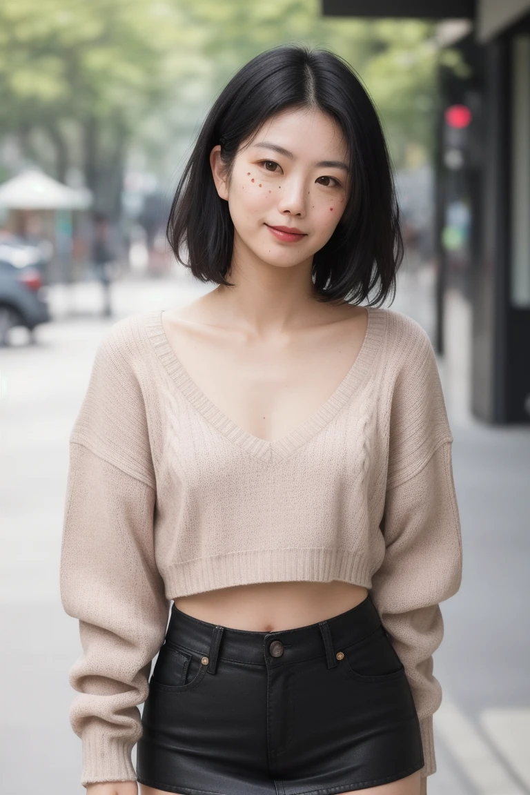 piercing eyes, (Ridiculously huge bust size:1.2), Looking directly at, 20 years old, beautifull black woman, Detailed face,  short salon hair, wearing an off-shoulder sweater, choker necklace, Long skirt, (((Skirt lift:1.5))),  Close-up photo of panties，the city street, Afternoon light, NSFW