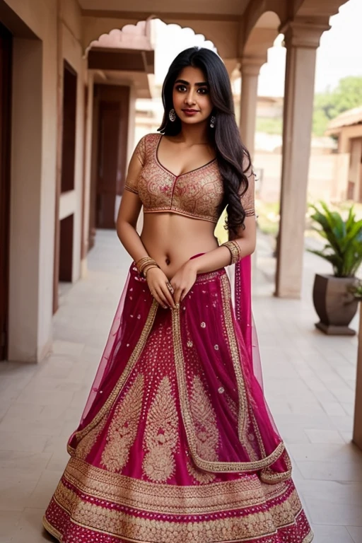 Indian bride with good outfit with high split and stocking and gold jewellery on her neck and forearms and decent cleavage and with minimalist anklets and heels,and more outfits to her,