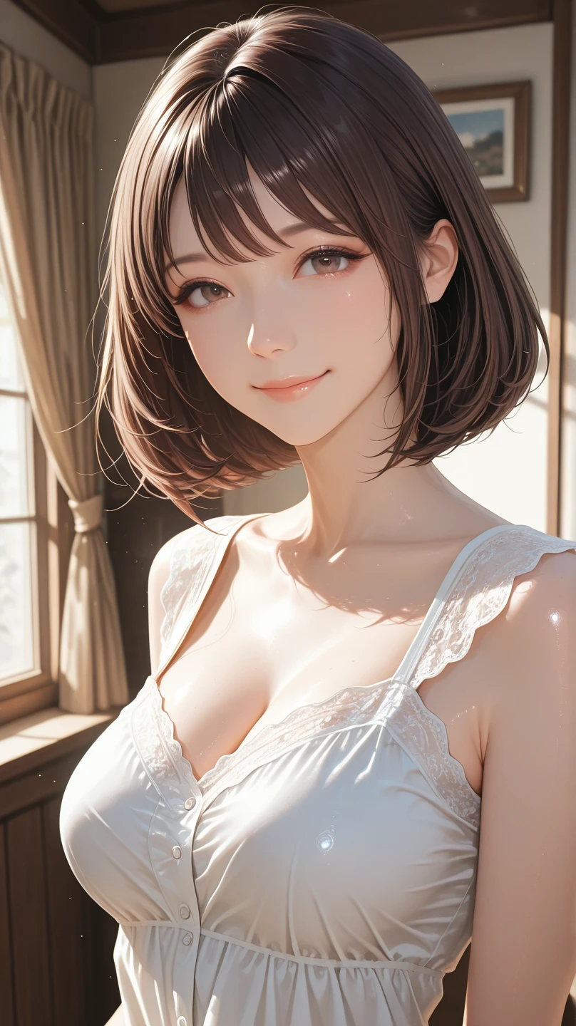 Adult female、Anime characters、Brown bob hair、black eye、blush、Embarrassed、Big round eyes、anime girl,smile,cute face,pajamas、bed、Sexy pose、HQ、high resolution、乱れたpajamas、Accentuate the chest、Touching the chest with hands、I can see your shoulders