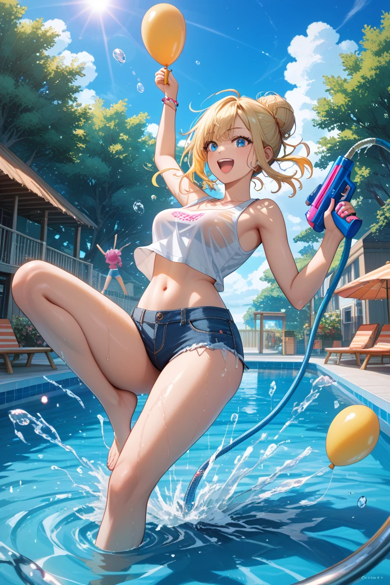 masterpiece, hyper realistic, realistic skin, best quality, 1girl, city pop, market, puddle, philippines, looking at another, topless, full body, vector illustration, nipples, light smile, blunt bangs, long hair, tube top, stomach, navel, bare shoulders, blonde, ponytail, wet, soaked, people on background, manila, raining, dolphin shorts, child, petite, tropical, sneakers, laughing, hands up, jumping, tongue out, long tongue