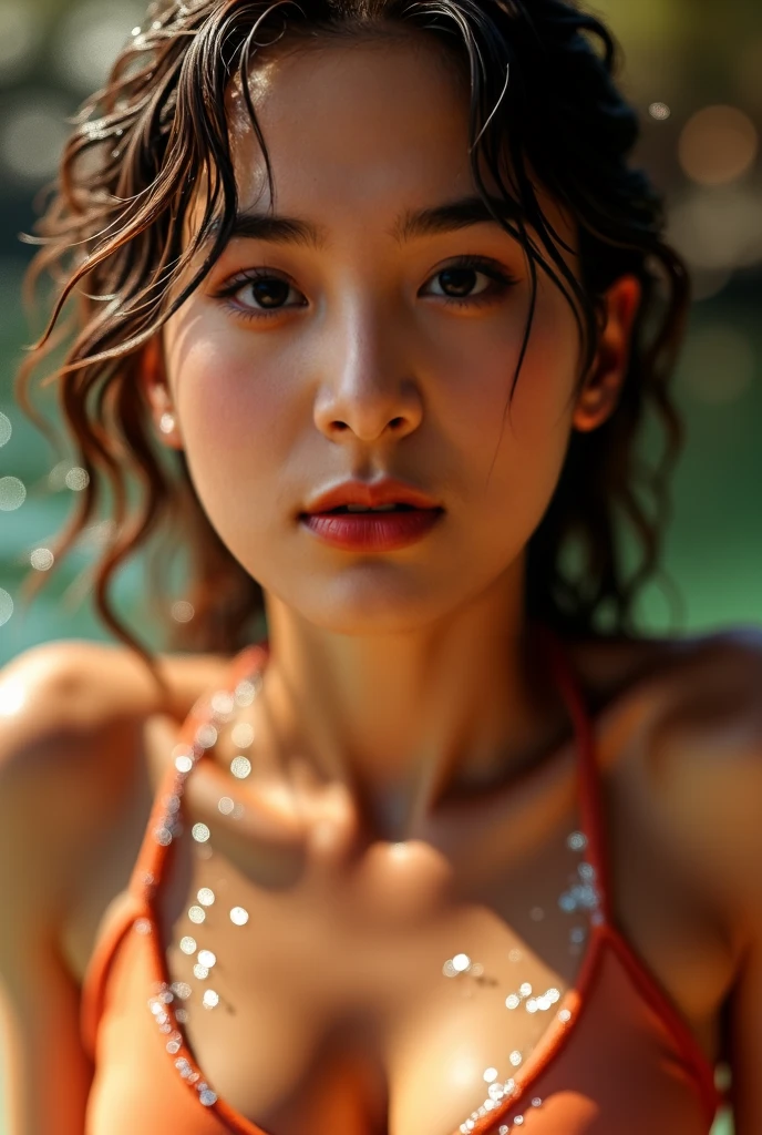 White woman, 28 years old, Brown hair, long hair, messy hair, Nice face, simetric face, Green eyes, Nice body, laughing, park, small bikini, cute, night