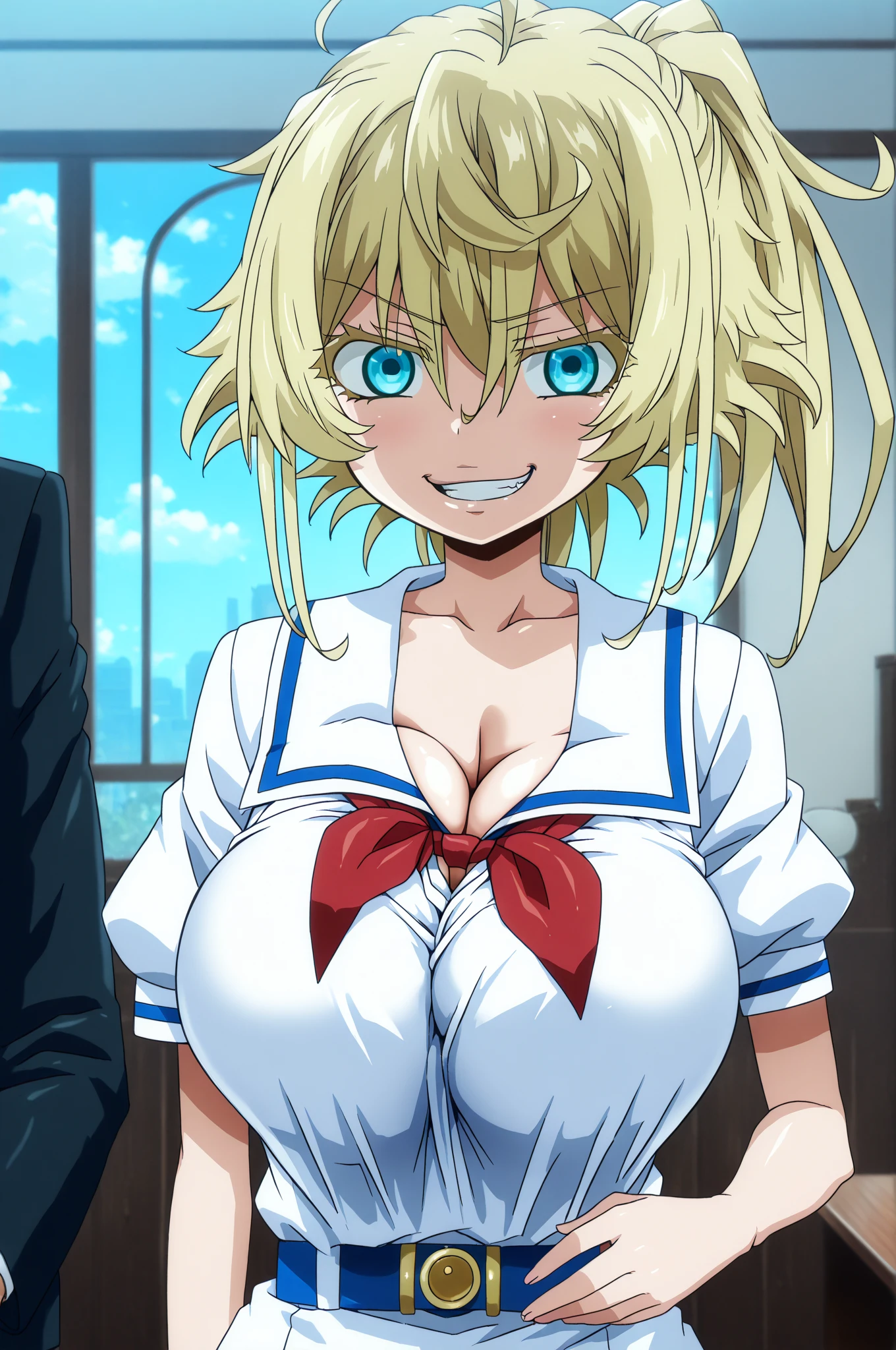 (((masterpiece))),fuyumi itadori, Anime girl characters, 1girl, solo, looking at viewer, medium hair long sleeves, cleavage, bigger breasts, closed mouth, collarbone, jacket, open clothes, open jacket, blue jacket, ground vehicle, sports bra, tall girl, horny, big ass, beautiful face,Charming, anime visual of a cute girl, screenshot from the anime film, & her expression is solemn, ahegao face, in the anime film, in an anime, anime visual of a young woman, she has a cute expressive face, still from anime, perfect breasts, she is tall, All bodies visible, ahegao face, the face is ahegao, she is horny, A perverted face, she so perverted, she smile so perverted, hd picture, 4k quality, details of the face is so good,bigger breasts,she is tall, the face are so details, like anime boku no hero academia,