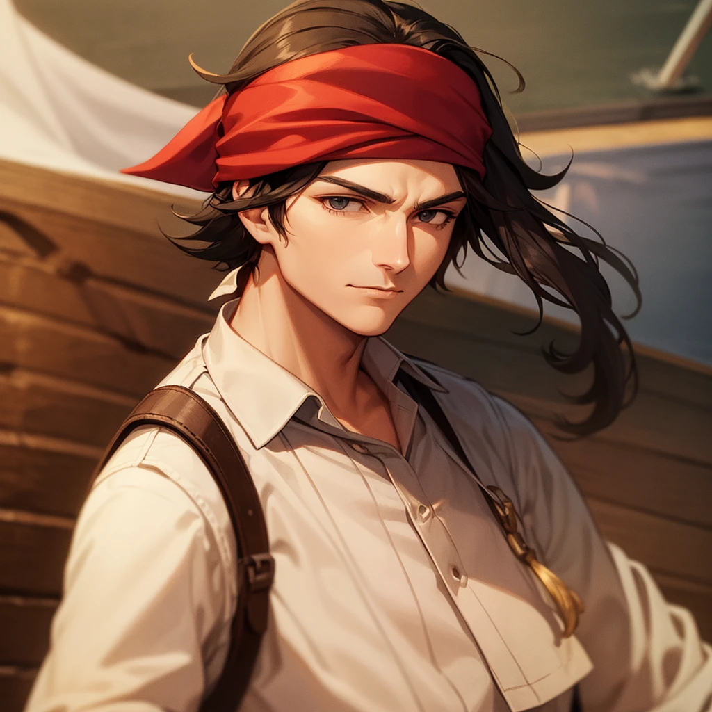 jack sparrow, anime style, masterpiece, best quality, 1boy, brown eyes, hat, brown hair, closed mouth, earrings, green background, hat, pirate, jewelry, looking at viewer, shirt, short hair, simple background, solo, upper body, white shirt, on pirate ship, ocean, ship<lora:jackSparrowRealisticAnime_offset:0.6>