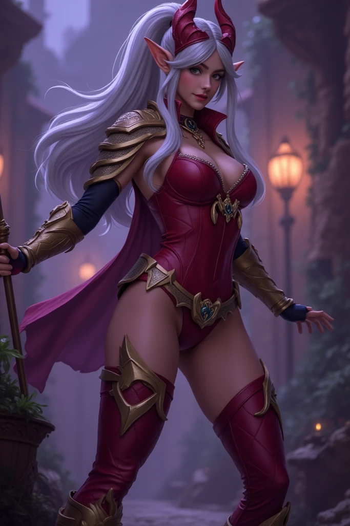masterpiece, best quality, CG, wallpaper, HDR, high quality, high-definition, extremely detailed, drow, colored skin, dark elf, blue skin, grey skin, pointy ears, cape, armor, looking at viewer, 1girl on bed masturbate, dimmed light, brown eyes, long hair, chibi, red cheeks, sweat 😓 (happy smile closed mouth) 