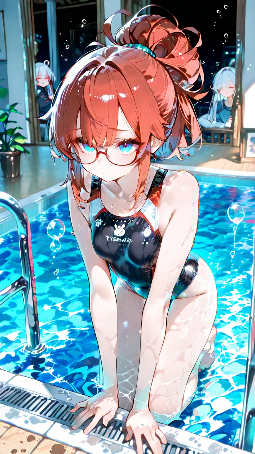 Solo, Delicate Face, Long Eyelashes, (Bob Hair), (Red Eye: 1.3), (Red Hair), Medium Cleavage, Tartan Check, Music Room, Top Angle, Uniform, Light Blue Underwear, Sweat, Thin, Open Mouth Wide, Tongue Out, White yogurt on Breast and Tongue, White Liquid All Over Chest and Tongue, Frontal Shot, Woman with Upper Eyes, collar on neck with lead, glasses, stockings,pool of white liquid on floor --auto