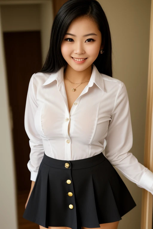 Half-length glamour portrait, nikon D850, f1.6 lens, 200mm, DSLR, 22 Megapixels, (((Luxuous bedroom scene))), shot of a stunning 19 years old korean girl, (smile:1.4), (wearing multicolored High-neck blouse with medium gray straight-leg trousers:1.6), ((seductive pose)), hot girl, (((big natural breasts))), (((black fringe hair))), (small girl), symmetrical face, photorealistic, photography, (bright natural lighting), gorgeous, deep cleavage, (masterpiece), best quality, high resolution, extremely detailed, cinematic lighting, (((very narrow waist))), rich colors, hyper realistic, lifelike texture, ((jewelry)), (((She has beautiful hands and wears rings))), (bracelet), (necklace), (ankle chain), (nail polish) (earrings), Fuji Superia 200, 8k