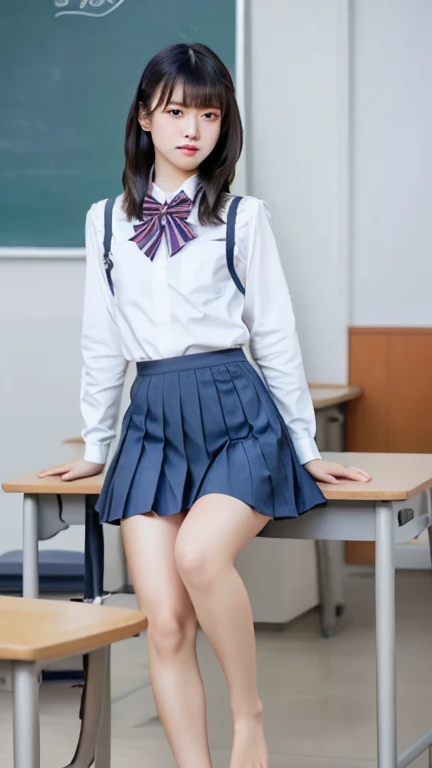 A cute Japanese girl (nineteen years old, cute face) who wear high with blue mini skirt and white shirt at classroom,(stick out butt), (back view),perfect