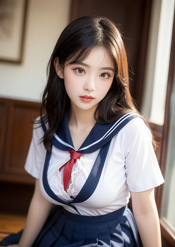 (((Belly button)))、Close-up、masterpiece、highest quality、生photograph、Photorealistic、face、Incredibly ridiculous、beautiful girl、cute、(((18歳の日本人の可愛い女の子がphotographの中央に一人)))、(Small breasts)、short hair、(((Full chest:1.5)))、masterpiece、highest quality、8k、Official Art、生photograph、Extremely absurd、beautiful girl、可愛いface、(sitting、Upper Body、Sailor suit、Serafuku、:1.2)、White shirt、looking at the camera、(Dark red bow tie: 1.2)、Close-up、Ten generations、classroom、Ultra-realistic、High Resolution、photograph、Film Grain、chromatic aberration、Sharp Focus、Face Light、Dynamic Lighting、Cinematic lighting、Navy Pleated Skirt、Most detailed、Very detailed、Ultra-detailed、Fine details、Very detailed目とface、(((Belly button)))
