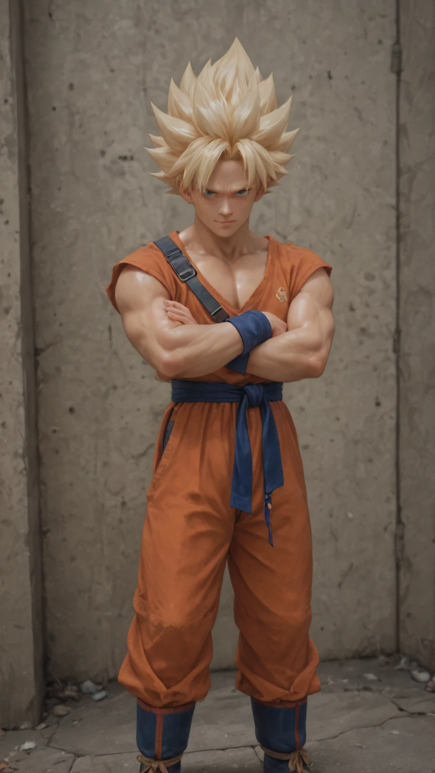 super saiyan goku convert to real life, real eyes, real hair, real skin, real lighting, photorealistic, 8k