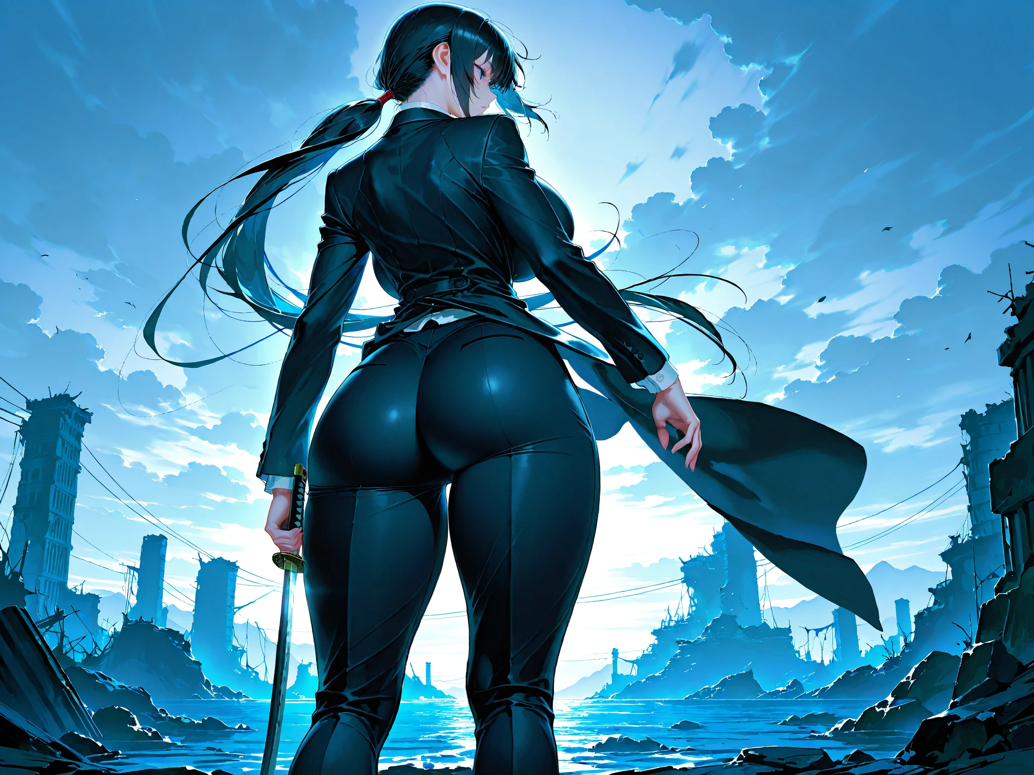 Draw Suzy, an anime-style female character with long straight black hair, thin black eyebrows, and brown eyes. small breasts, thin waist, big perky ass, thick thighs. she is wearing sexy medieval armor. She is on all fours, wounded from a bloody battle. facial expression of pain. view from behind with the camera approaching her ass, zooming in on her pert ass, perspective from below. scenery of a city devastated by war, reddish and dark sky, low light. injuries and scratches on the body. wrapped in black chains.