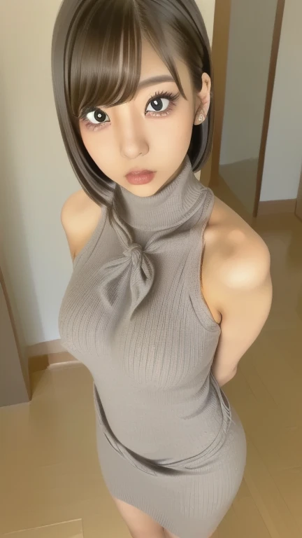 (Light Beige Turtleneck Sleeveless Knit)、pencil skirts、20 year old girl, breasts of medium size,, Tron bulge in the chest、Pinch your chest with your arms、brown haired、Long Wave Hair、hotels room, a necklace、Earring、knee high stockings、 ((Very detailed)), Shy smile、Kamimei、(Perfectly detailed face), (Well detailed hands) Photorealistic images、full body seen、emphasis on the buttocks、lyin in bed