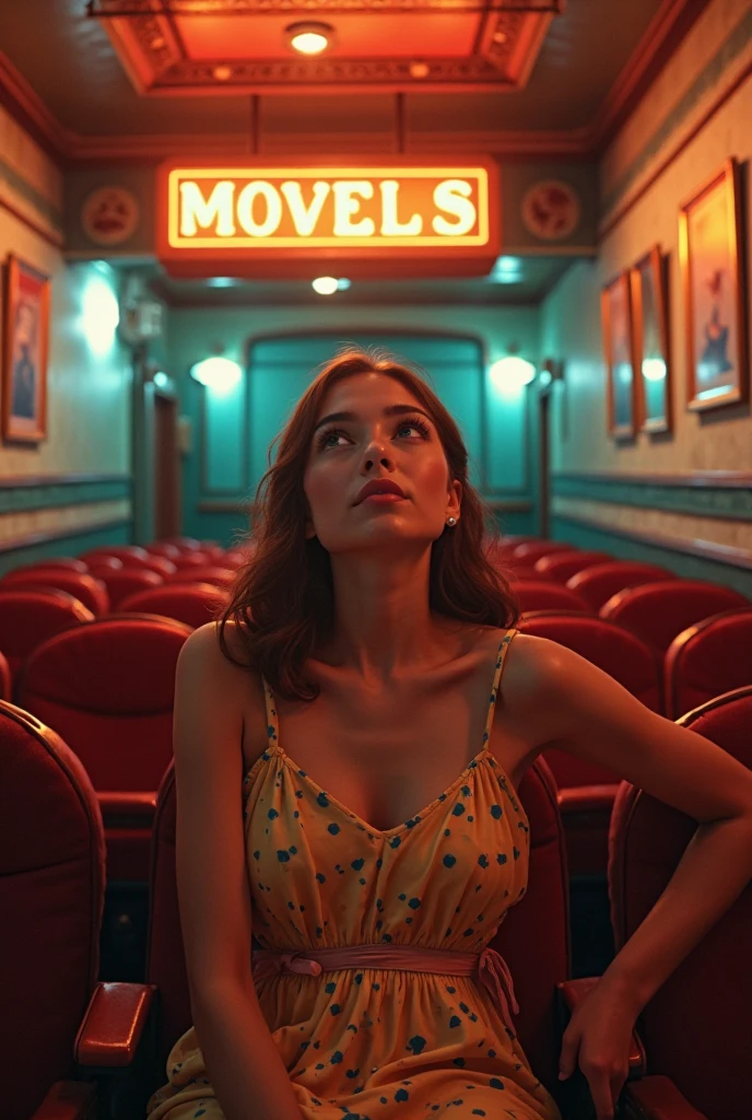 THE ROOM SHOULD BE WITH YELLOW ORANGE LIGHTS AND A YOUNG BRUNETTE WOMAN WEARING TURQUOISE GREEN SHOULD SIT ON THE SOFA. PLACE YOUR FEET ABOVE EACH OTHER. "TUGBA KALAN" IS WRITTEN ON THE WALL WITH A 3D LOGO. LET IT BE A LONG HOURGLASS.