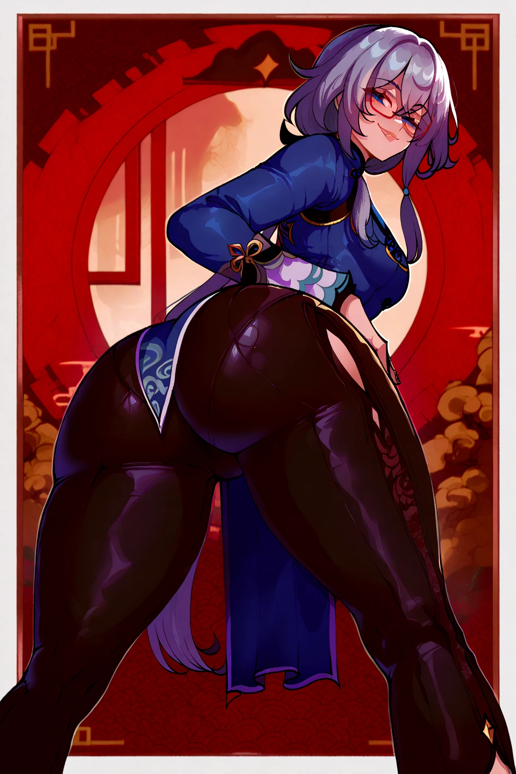 Best Quality, Masterpiece: 1.raiden shogun genshin impact of four sticking ass up, big ass prancing
