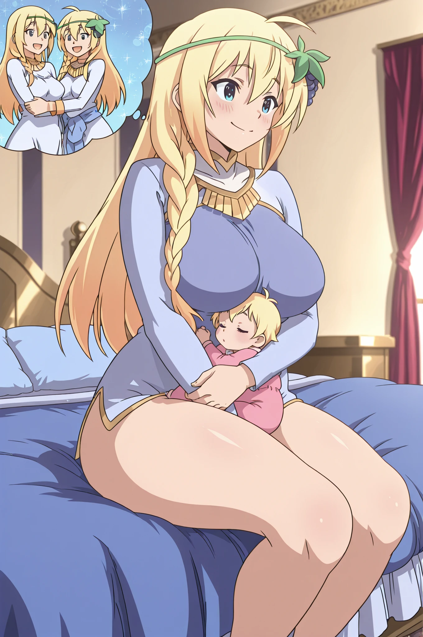 Illustration spells(prompt)
(best quality)+,(masterpiece)++,(ultra detailed)+, (realistic), HDR, (perfect anatomy)+, 8K, (black and blurry background), (extremely detailed fine touch), cinematic light, ray tracing, 3 girls, mothers 20 yo, 5 boys 1 year old, (Newborn baby, lactation, Love and nourishment overflow from the mother's breasts, large breasts:1.8)+,(extremely beautiful intricate universe complex geometry ocean eyes:1.2), mothers gently smiles as she embraces the baby. Her eyes shine with love and contentment. The room is enveloped in a gentle light, creating a warm atmosphere.In the mother's arms lies a tiny baby, carrying the essence of life. His eyes seem unfamiliar with the world, yet he finds comfort in the presence of his mother. He happily smirks and grins. With elegance, the mother brings the baby closer to her chest and begins nursing while holding him securely.baby receives the blessings they offer. , Medical telemeter, bedside monitor (monitoring patient safety), SpO2 monitor (blood oxygen saturation monitor, pulse oximeter), ultrasonic diagnostic equipment, resuscitation, defibrillation, AED, ventilator, intravenous drip, life extension device, Connected to tubes and cords:1.2), divine Abdominal wound, (in Operating room:1.5), bangs, sideburns, (two-tone hair, blonde hair), french braid hair, (wavy very long hair), Triple Braids, smile, happy, relax, satisfy, muscular, beautiful face, (shiny transparent white skin)+, eyebrows, eyelashes, bandages,