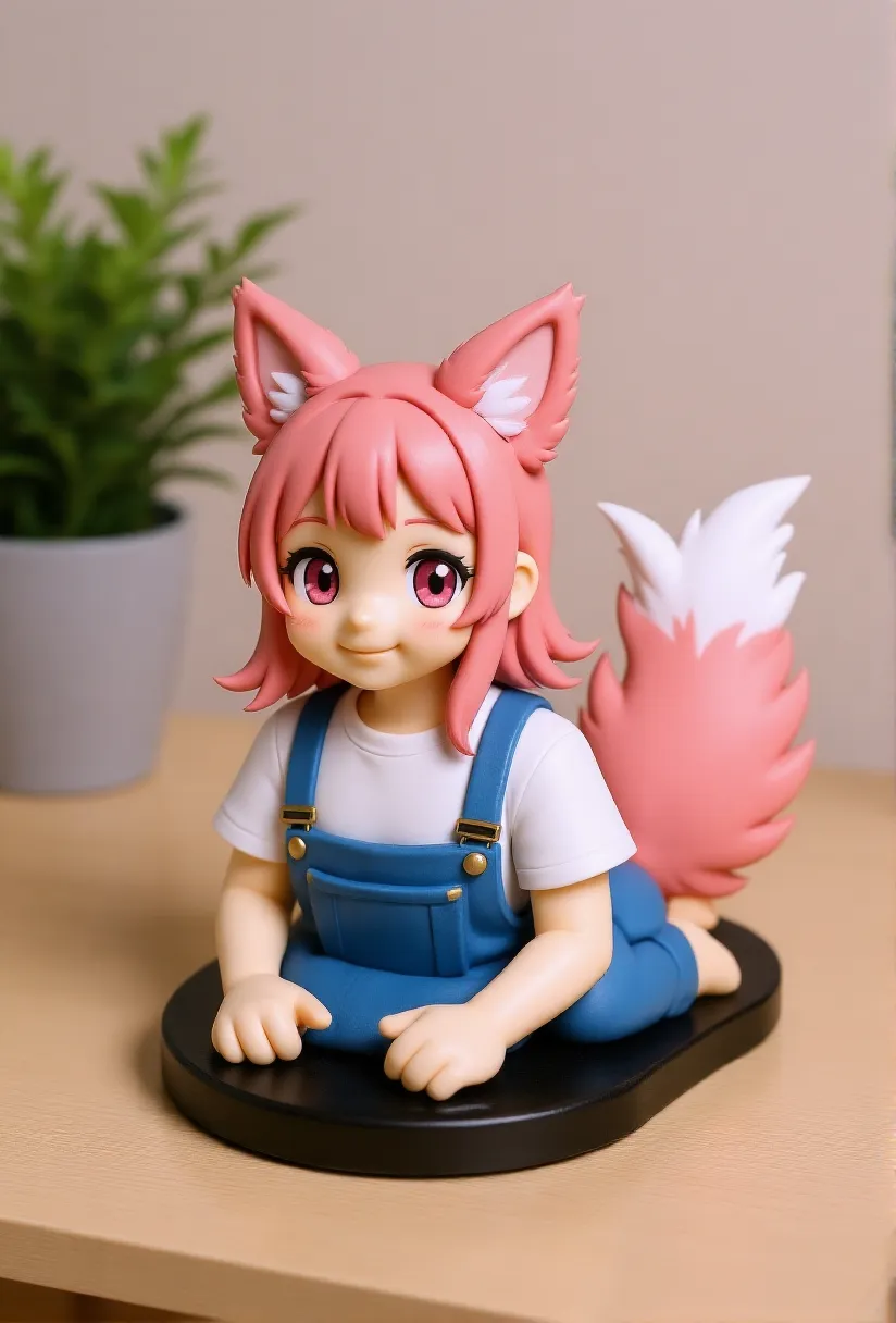 Create a drawing of a small girl, about 10 years old, with pink hair, brown fox ears, and brown fox tail, from the back, in high resolution and realism,