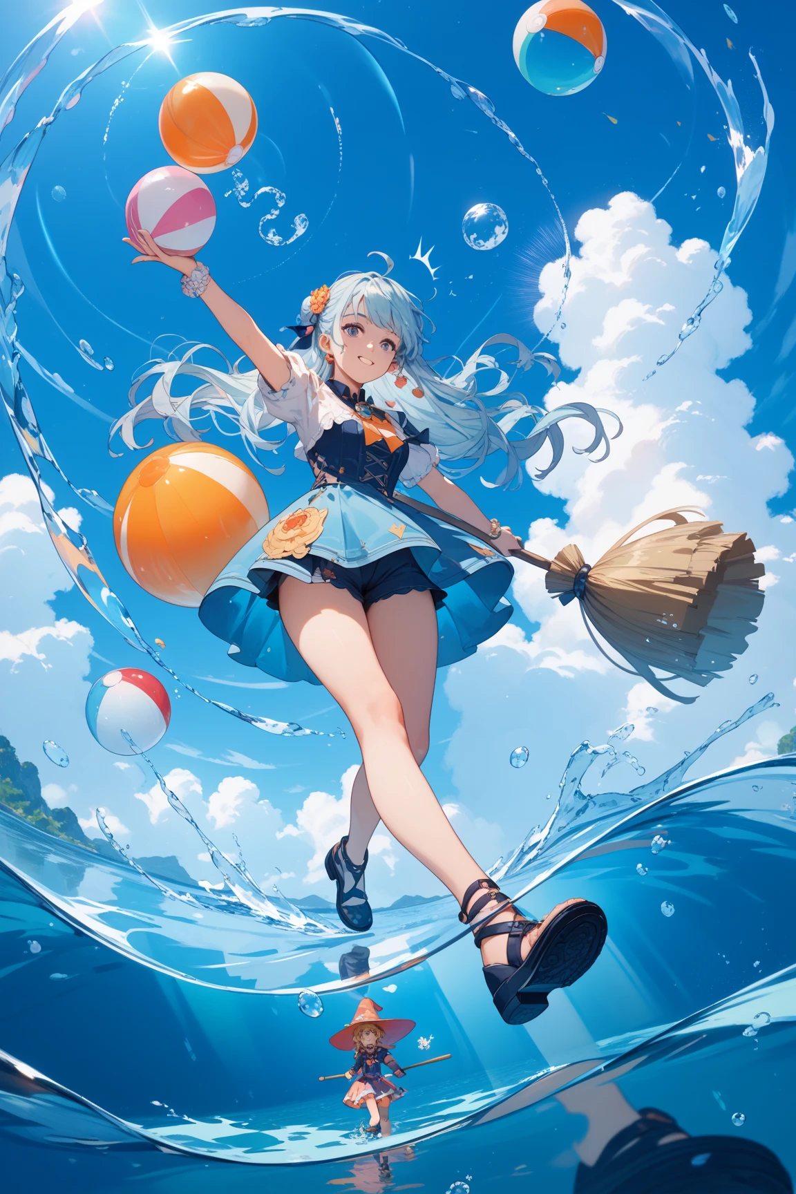 (masterpiece、top-quality、Official art:1.2)、Look at viewers、((1girl in))、独奏、glass island、Glass sculpture、With transparent glass,Colorful water levitation、(2D:1.5)