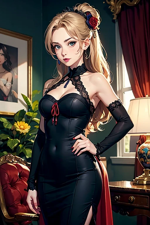 Pose: (masterpiece), (best quality), (detailed), light layer, 1solo girl, young girl, perfect body defined chest, defined collarbone seated, with both arms gracefully stretched overhead, fingers slightly splayed or interlaced. Her body should be slightly arched, emphasizing the length and elegance of the stretch.
Expression: Calm and introspective, with a soft smile or a thoughtful gaze that conveys a sense of reflection and self-awareness.
Attire: Elegant and refined outfit such as a Corset Flared Crisscross Strap Dress, Punk Sleeveless Dress that complements the serene mood.
Hair: Styled neatly, blonde straight hair, enhancing the reflection.
Makeup: Subtle yet refined, with a focus on eyes and lips to create a balanced and elegant look in both the reflection and the main image.
Background: A softly lit room with an elegant mirror, such as a bedroom vanity, a grand hallway, or a minimalist bathroom that adds sophistication to the scene.
Lighting: Soft, diffused lighting that illuminates both her face and the reflection, creating a gentle glow and emphasizing the duality of the image.
Accessories: Delicate and minimal, such as a simple necklace, a pair of earrings, or a stylish watch, adding a touch of elegance without overpowering the scene.
Props: Optional, such as a small perfume bottle, a brush, or a piece of jewelry placed on the vanity, enhancing the reflective atmosphere.
Mood: Reflective, serene, and elegant.